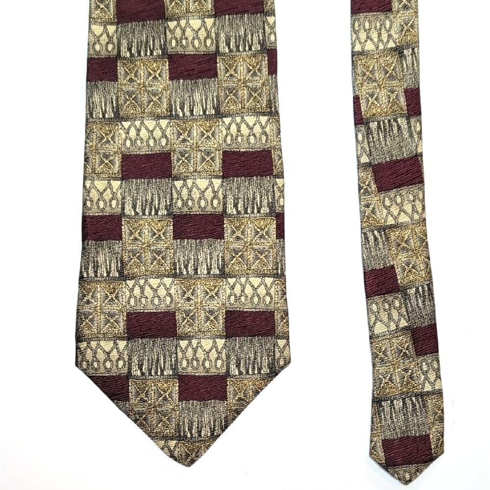 Mulberry Burgundy and Gold Patterned Italian Silk Tie